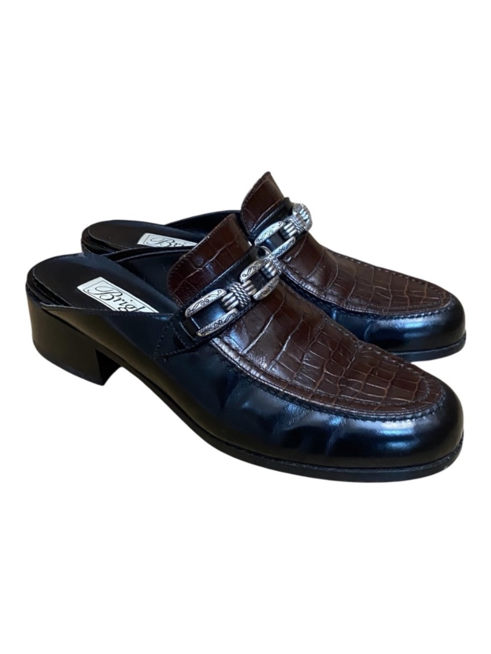 Brighton Womens Leather Embossed Mule Shoes Narrow Slides Chain Decor